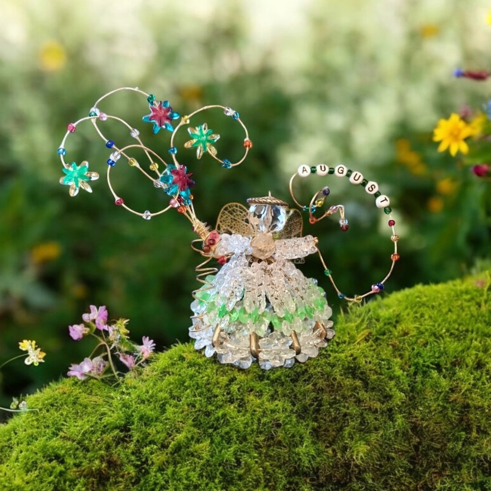 Beaded Safety Pin Angel Fairy AUGUST Birthday Month Kitschy Handmade Ornament